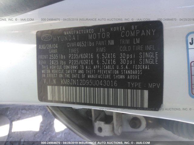 KM8JN12D95U043016 - 2005 HYUNDAI TUCSON GLS/LX WHITE photo 9