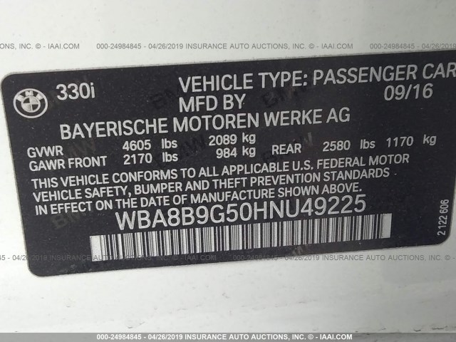 WBA8B9G50HNU49225 - 2017 BMW 330 I WHITE photo 9