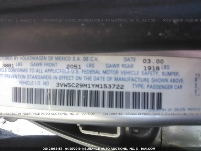 3VWSC29M1YM153722 - 2000 VOLKSWAGEN JETTA GLS SILVER photo 9