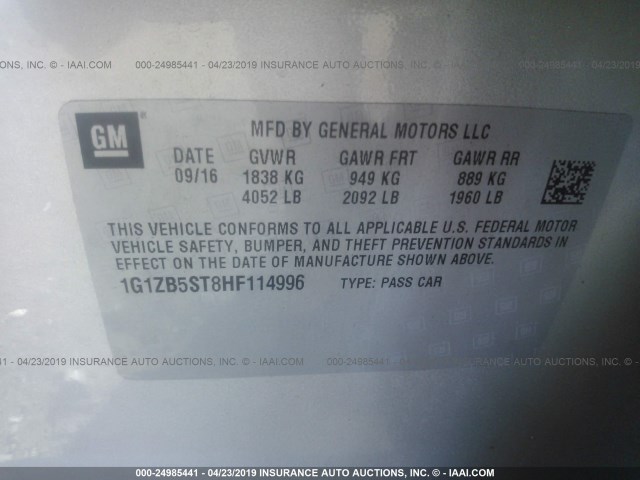 1G1ZB5ST8HF114996 - 2017 CHEVROLET MALIBU LS SILVER photo 9