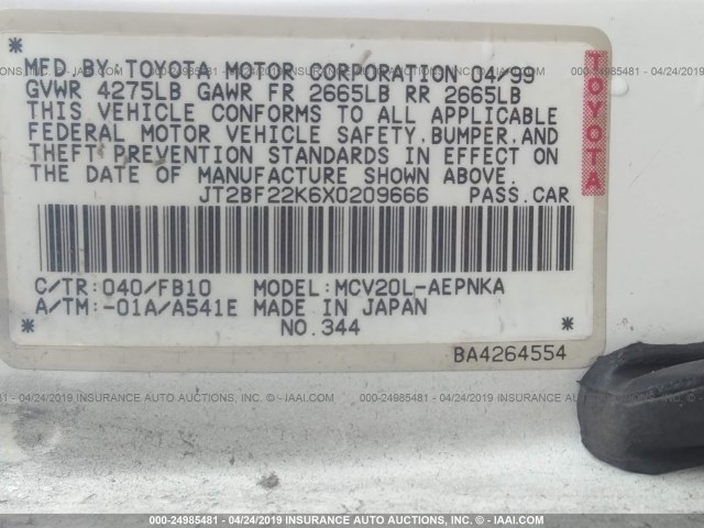 JT2BF22K6X0209666 - 1999 TOYOTA CAMRY LE/XLE Ağ foto 9