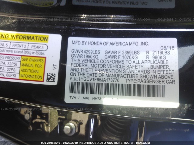 1HGCV1F65JA173770 - 2018 HONDA ACCORD EXL 黑色 照片 9