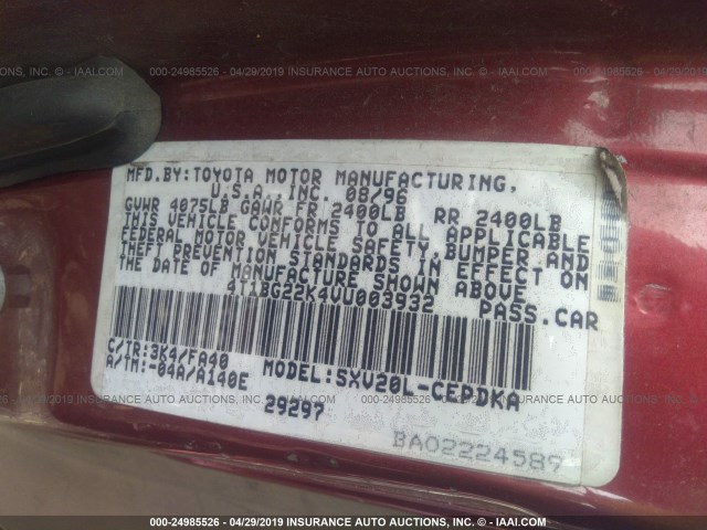 4T1BG22K4VU003932 - 1997 TOYOTA CAMRY CE/LE/XLE RED photo 9