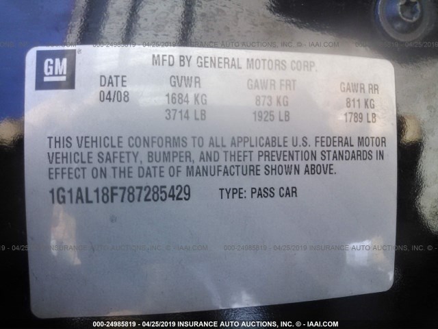 1G2AL18F687217358 - 2008 PONTIAC G5 SILVER photo 9
