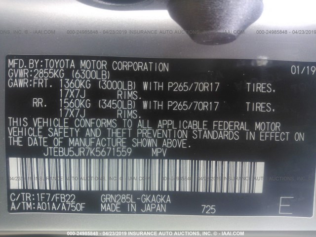 JTEBU5JR7K5671559 - 2019 TOYOTA 4RUNNER SR5/LIMITED/LIMITED NIGHT SILVER photo 9