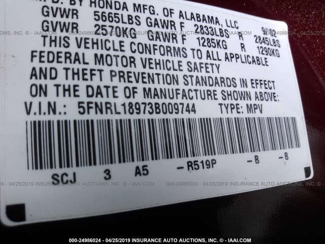 5FNRL18973B009744 - 2003 HONDA ODYSSEY EXL MAROON photo 9