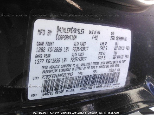 2C8GF68494R291843 - 2004 CHRYSLER PACIFICA BLACK photo 9