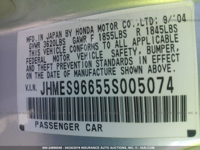 JHMES96655S005074 - 2005 HONDA CIVIC HYBRID BLUE photo 9