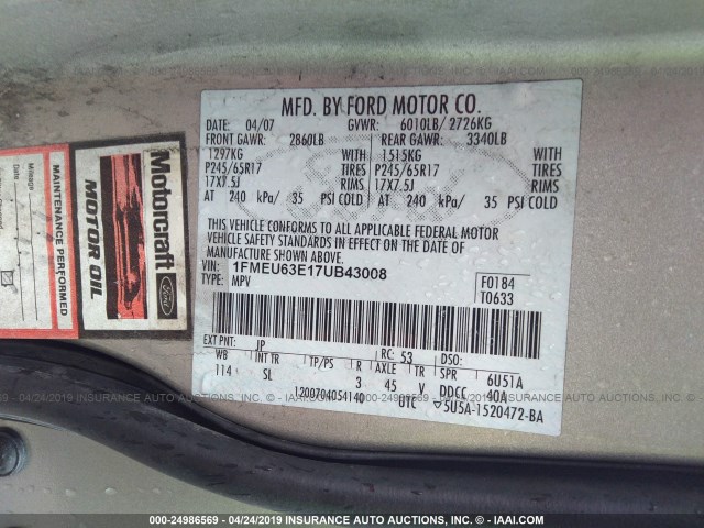 1FMEU63E17UB43008 - 2007 FORD EXPLORER XLT SILVER photo 9