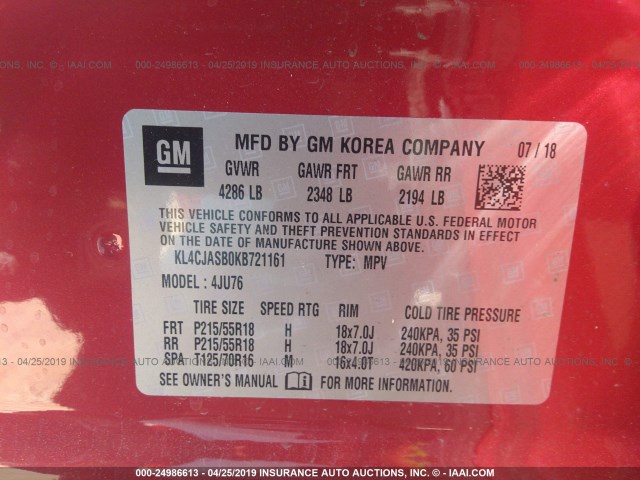 KL4CJASB0KB721161 - 2019 BUICK ENCORE PREFERRED RED photo 9