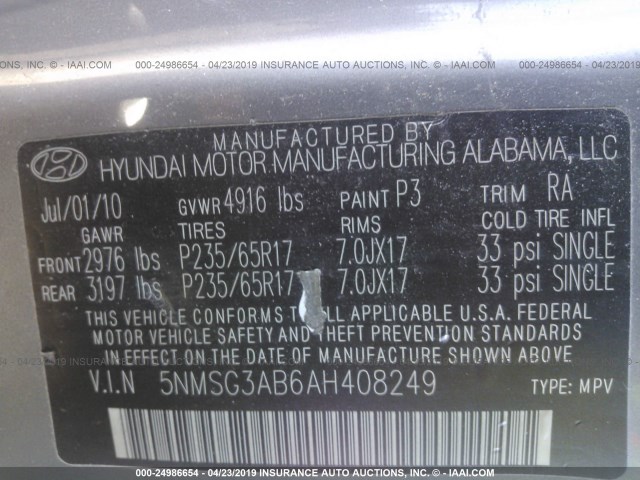 5NMSG3AB6AH408249 - 2010 HYUNDAI SANTA FE GLS GRAY photo 9