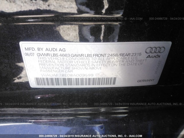 WAUAF78E08A009599 - 2008 AUDI A4 2.0T BLACK photo 9