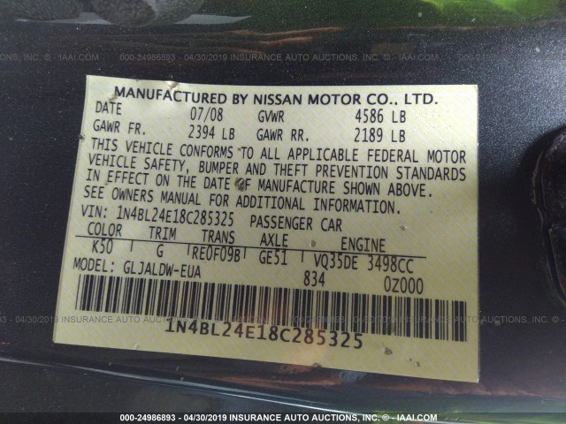 1N4BL24E18C285325 - 2008 NISSAN ALTIMA 3.5SE GRAY photo 9