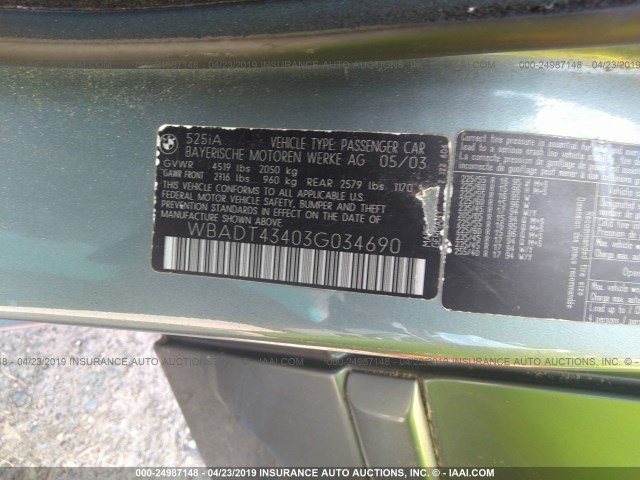 WBADT43403G034690 - 2003 BMW 525 I AUTOMATIC 浅蓝色 照片 9