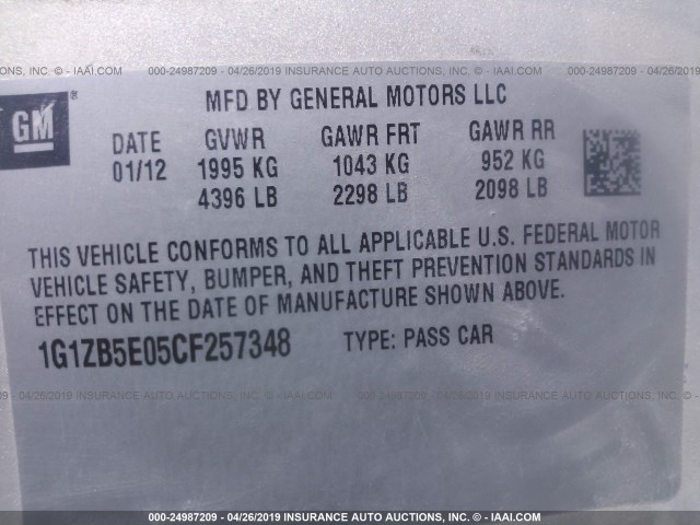 1G1ZB5E05CF257348 - 2012 CHEVROLET MALIBU LS GOLD photo 9