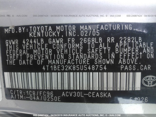 4T1BE32K85U548754 - 2005 TOYOTA CAMRY LE/XLE/SE SILVER photo 9