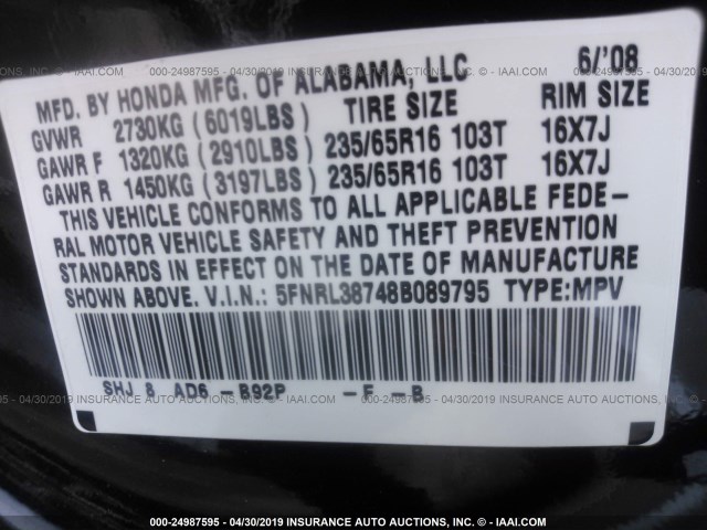 5FNRL38748B089795 - 2008 HONDA ODYSSEY EXL BLACK photo 9