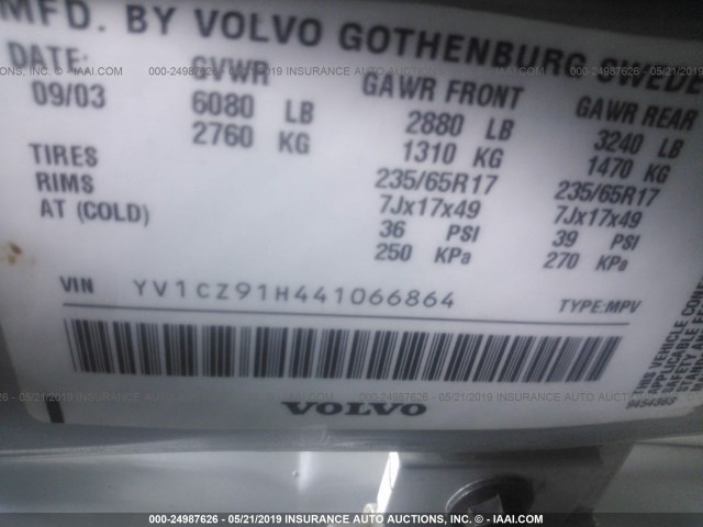 YV1CZ91H441066864 - 2004 VOLVO XC90 T6 SILVER photo 9