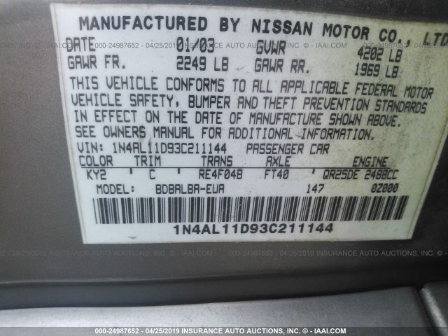 1N4AL11D93C211144 - 2003 NISSAN ALTIMA S/SL Pewter photo 9