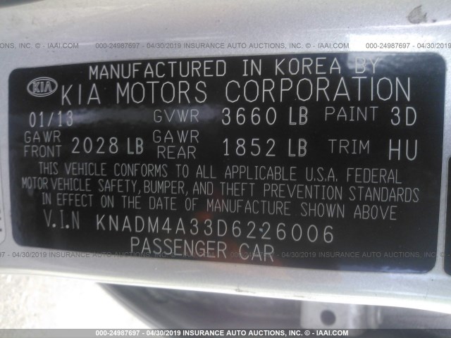 KNADM4A33D6226006 - 2013 KIA RIO LX SILVER photo 9