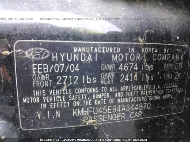 KMHFU45E94A344870 - 2004 HYUNDAI XG 350 BLACK photo 9