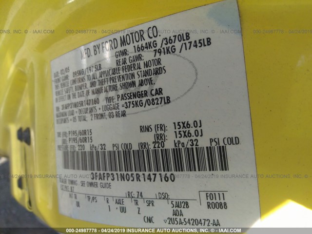 3FAFP31N05R147160 - 2005 FORD FOCUS ZX3 YELLOW photo 9