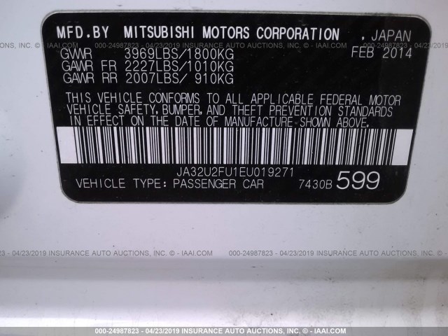 JA32U2FU1EU019271 - 2014 MITSUBISHI LANCER ES/ES SPORT WHITE photo 9