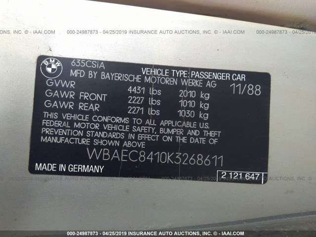 WBAEC8410K3268611 - 1989 BMW 635 CSI AUTOMATIC GOLD photo 9