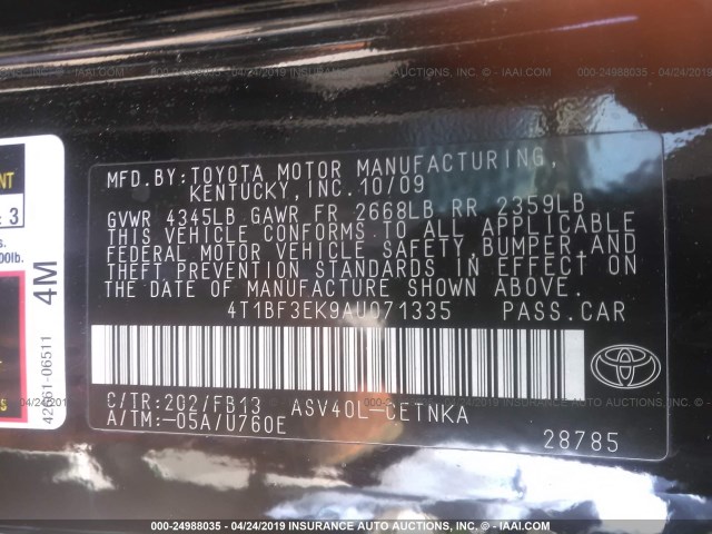 4T1BF3EK9AU071335 - 2010 TOYOTA CAMRY SE/LE/XLE BLACK photo 9
