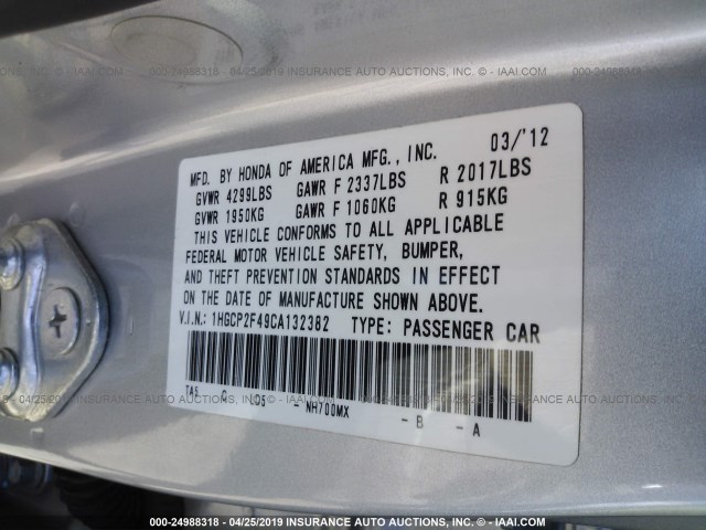 1HGCP2F49CA132382 - 2012 HONDA ACCORD LXP SILVER photo 9