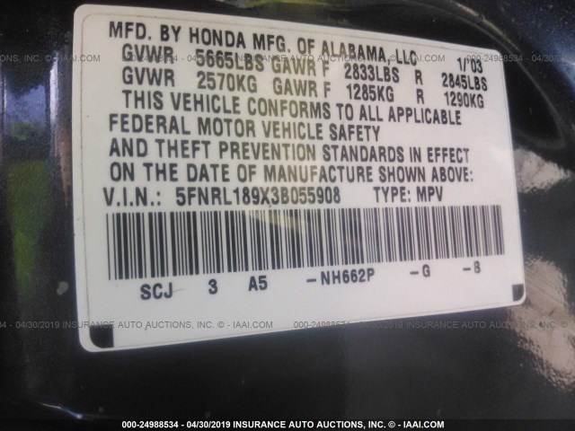 5FNRL189X3B055908 - 2003 HONDA ODYSSEY EXL GRAY photo 9