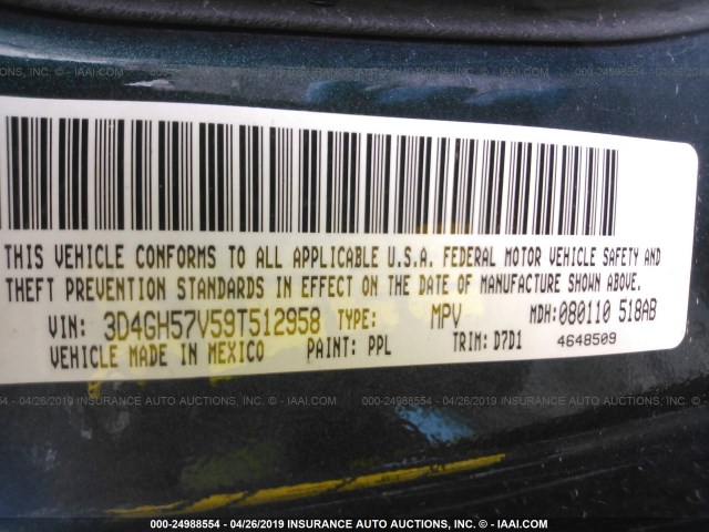 3D4GH57V59T512958 - 2009 DODGE JOURNEY SXT GREEN photo 9