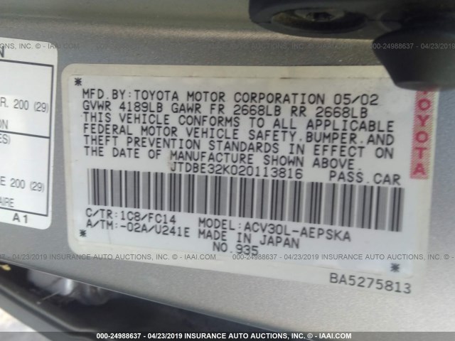 JTDBE32K020113816 - 2002 TOYOTA CAMRY LE/XLE/SE SILVER photo 9