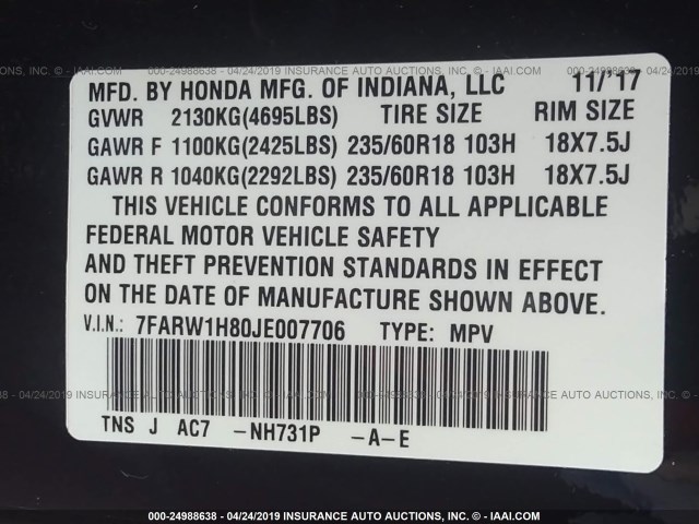 7FARW1H80JE007706 - 2018 HONDA CR-V EXL BLACK photo 9