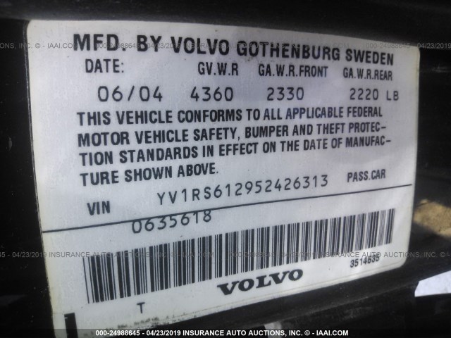 YV1RS612952426313 - 2005 VOLVO S60 BLACK photo 9