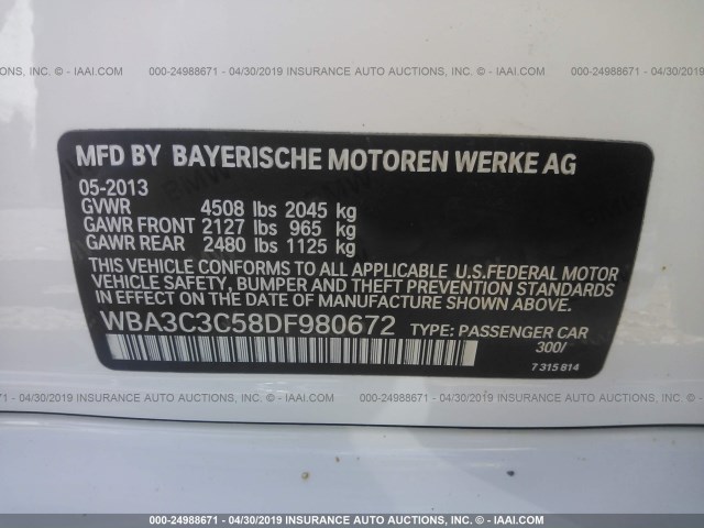 WBA3C3C58DF980672 - 2013 BMW 320 I/XDRIVE WHITE photo 9