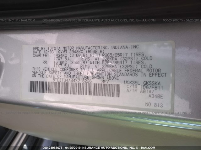 5TDZT34A04S216226 - 2004 TOYOTA SEQUOIA SR5 SILVER photo 9