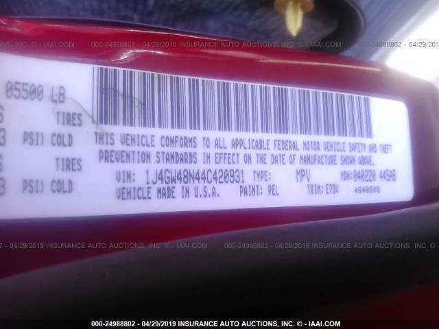 1J4GW48N44C420931 - 2004 JEEP GRAND CHEROKEE LAREDO/COLUMBIA/FREEDOM 红色 照片 9