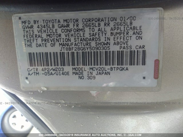 JT8BF28G6Y5090305 - 2000 LEXUS ES 300 GOLD photo 9