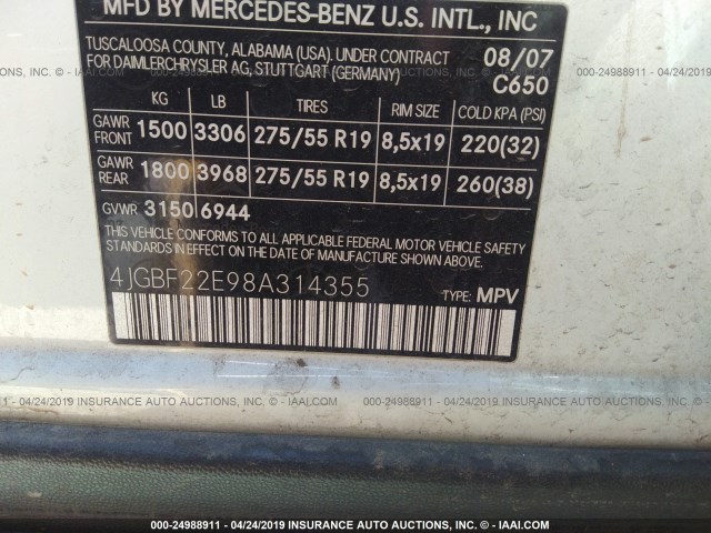 4JGBF22E98A314355 - 2008 MERCEDES-BENZ GL 320 CDI WHITE photo 9