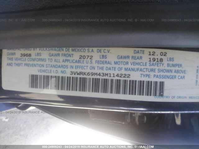 3VWRK69M43M114222 - 2003 VOLKSWAGEN JETTA GL BLUE photo 9