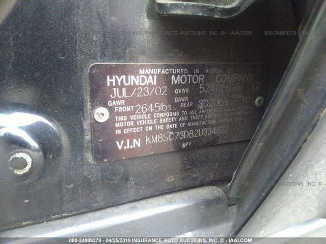 KM8SC73D82U334632 - 2002 HYUNDAI SANTA FE GLS/LX BLACK photo 9