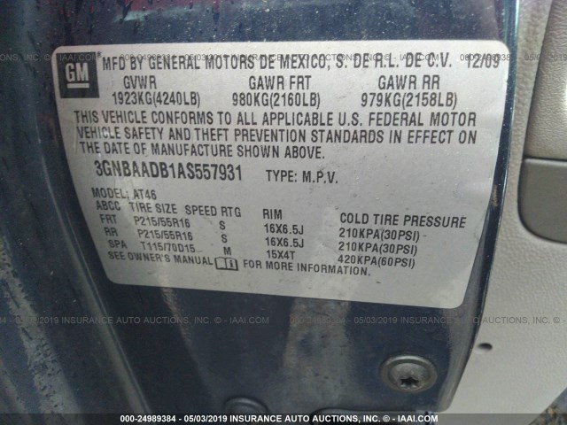 3GNBAADB1AS557931 - 2010 CHEVROLET HHR LS Синій фото 9