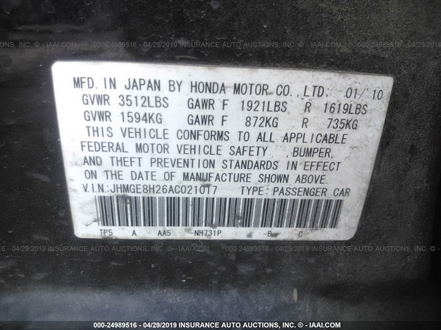 JHMGE8H26AC021017 - 2010 HONDA FIT BLACK photo 9