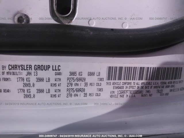 1C6RR7FT8DS585001 - 2013 RAM 1500 ST WHITE photo 9