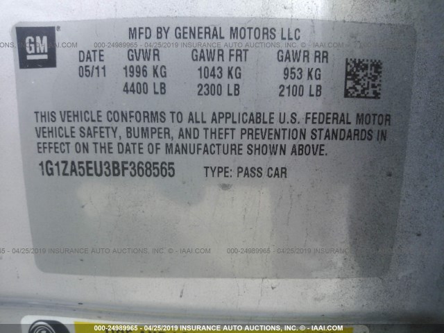 1G1ZA5EU3BF368565 - 2011 CHEVROLET MALIBU LS SILVER photo 9