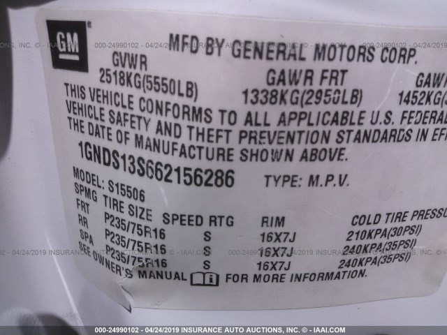 1GNDS13S662156286 - 2006 CHEVROLET TRAILBLAZER LS/LT WHITE photo 9