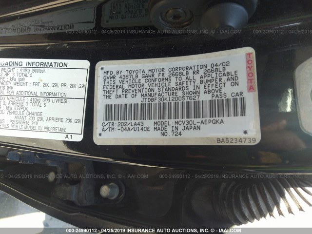 JTDBF30K120057627 - 2002 TOYOTA CAMRY LE/XLE/SE BLACK photo 9