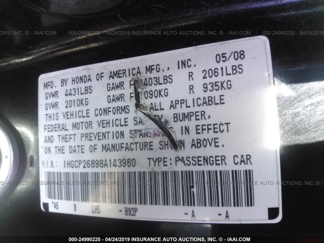 1HGCP26898A143960 - 2008 HONDA ACCORD EXL BLACK photo 9