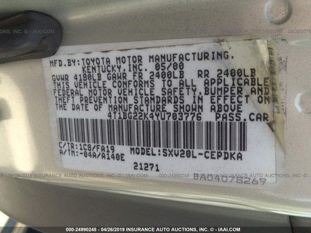 4T1BG22K4YU703776 - 2000 TOYOTA CAMRY CE/LE/XLE ვერცხლისფერი ფოტო 9